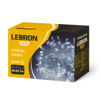 LED гірлянда LEBRON лінійна 10м, 100LED, біла, IP20, прозорий кабель